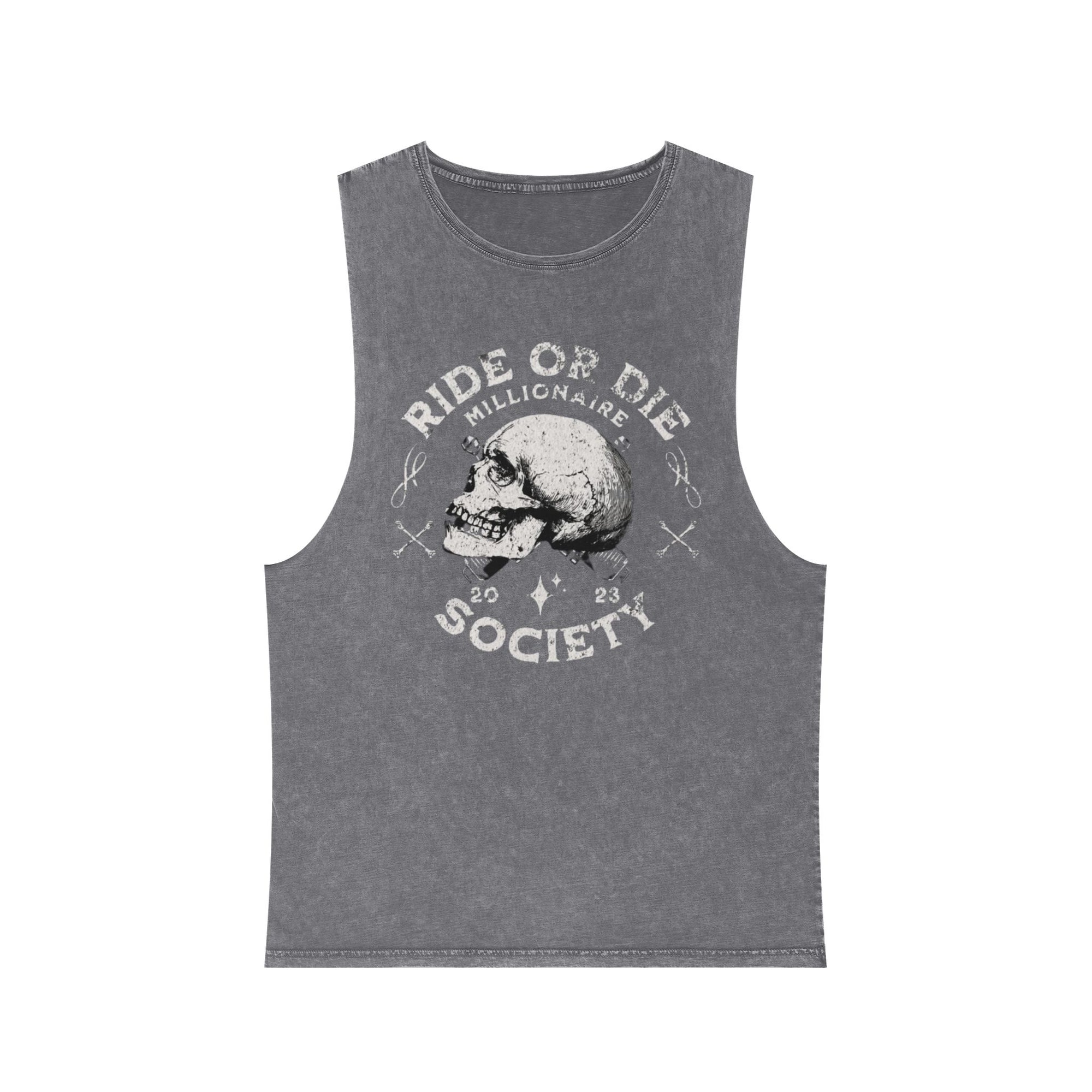 Unisex Stonewash Tank Top with Skull Design, Ride or Die Apparel, Edgy Summer Wear, Gift for Motorcycle Lovers, Vintage Style Gym Top