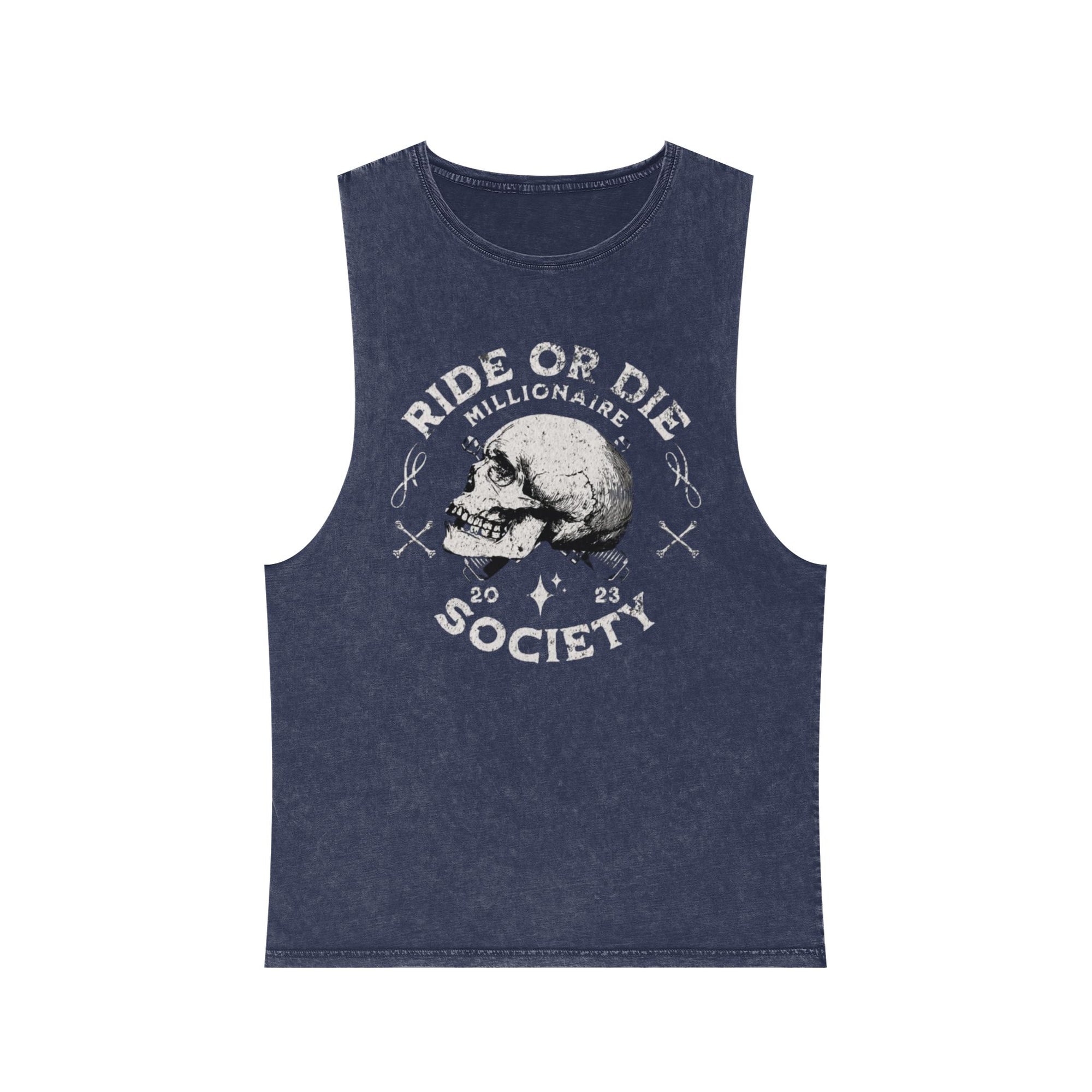 Unisex Stonewash Tank Top with Skull Design, Ride or Die Apparel, Edgy Summer Wear, Gift for Motorcycle Lovers, Vintage Style Gym Top
