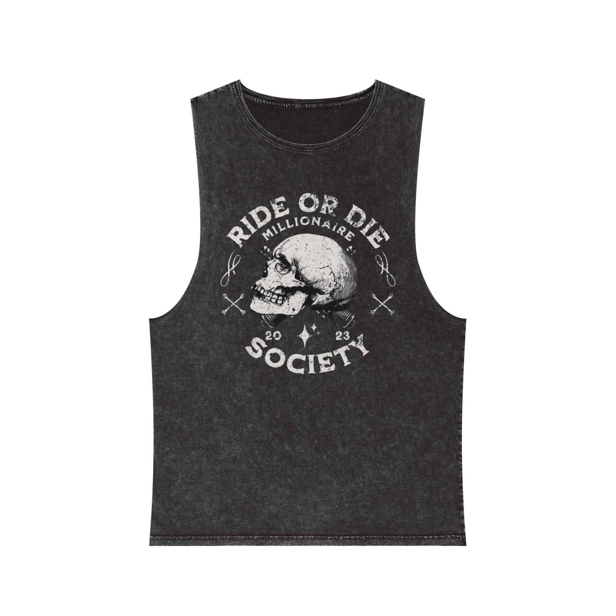 Unisex Stonewash Tank Top with Skull Design, Ride or Die Apparel, Edgy Summer Wear, Gift for Motorcycle Lovers, Vintage Style Gym Top