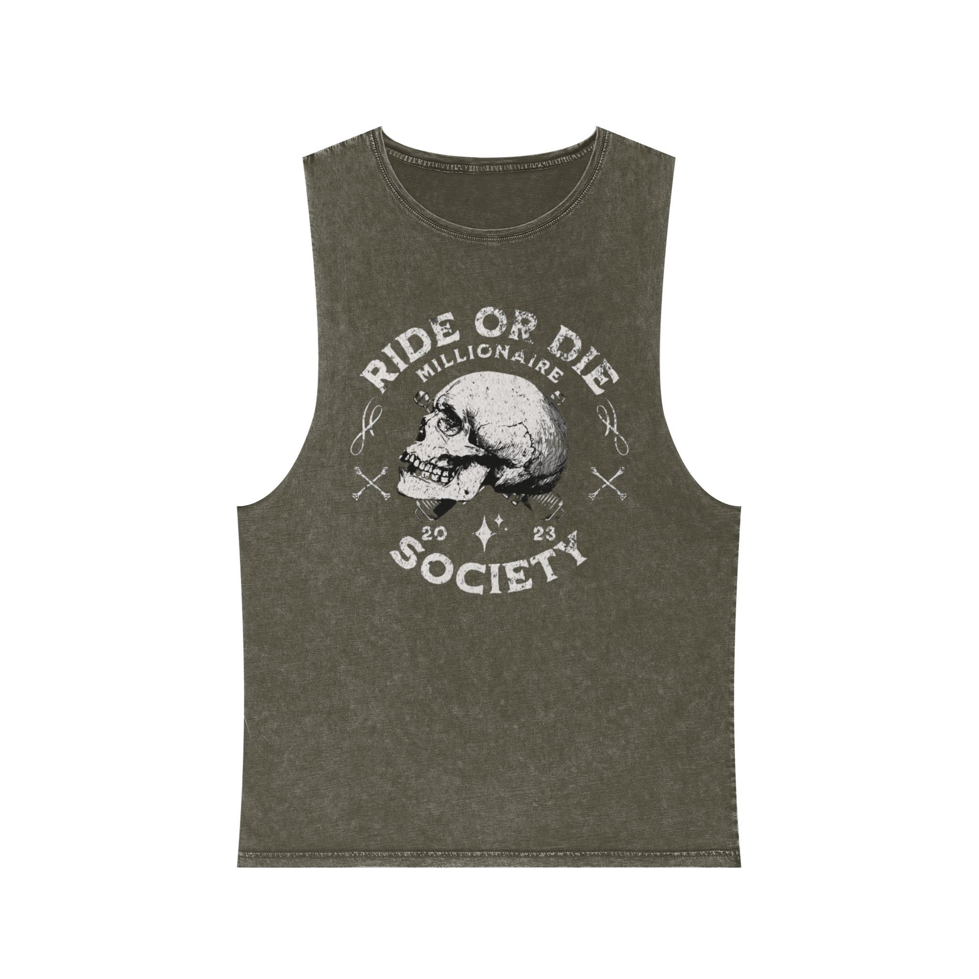 Unisex Stonewash Tank Top with Skull Design, Ride or Die Apparel, Edgy Summer Wear, Gift for Motorcycle Lovers, Vintage Style Gym Top