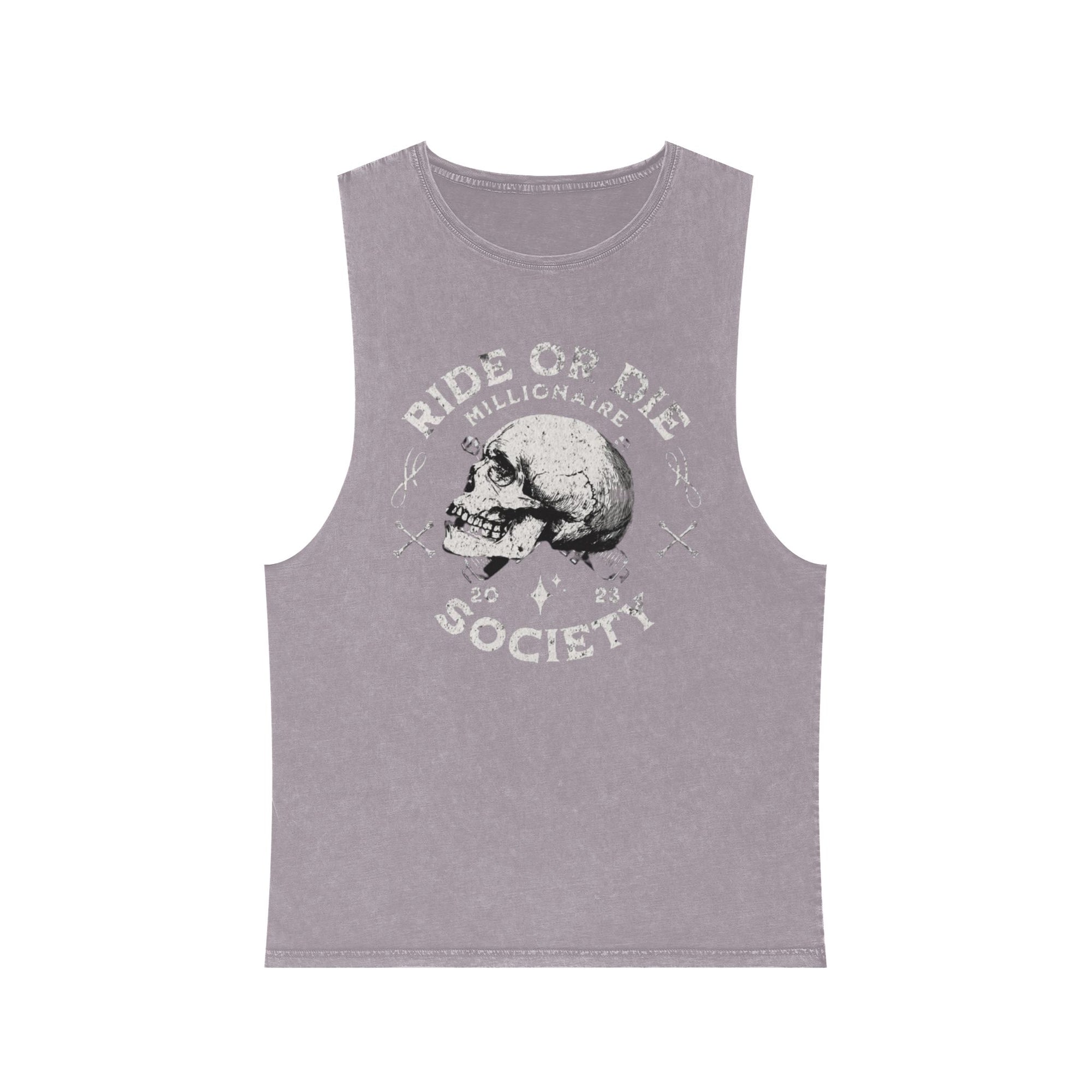 Unisex Stonewash Tank Top with Skull Design, Ride or Die Apparel, Edgy Summer Wear, Gift for Motorcycle Lovers, Vintage Style Gym Top